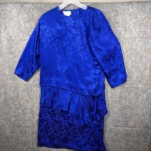 Vintage Silk Studio Cocktail‎ Party Drop Waist Midi Dress Long Sleeve Blue Sz.12